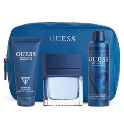 GUESS Seductive Blue Eau de Toilette Gift Set for Men, 100ml EDT + 100ml Shower Gel + 226ml Body Spray + Pouch
