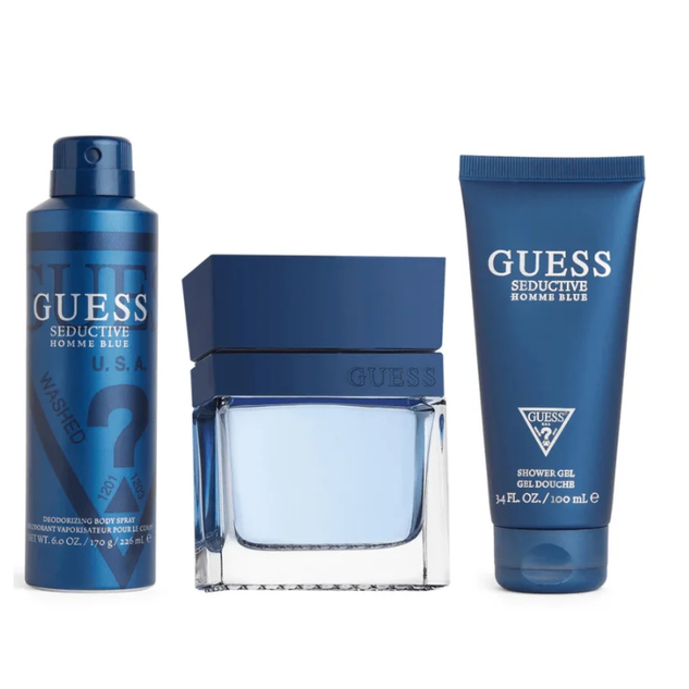 GUESS Seductive Blue Eau de Toilette Gift Set for Men – 100ml EDT + 100ml Shower Gel + 226ml Body Spray + Pouch